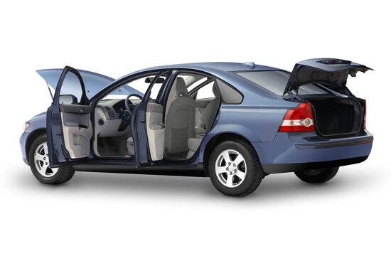 Coche azul con puertas, maletero y capo abiertos sobre fondo blanco. Blue car with open doors, trunk and hood on a white background.