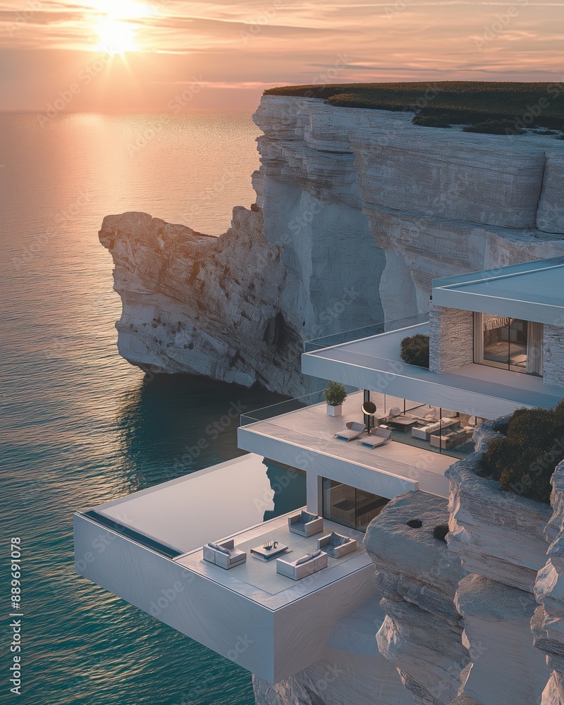 Poster a luxurious modern house with an infinity pool built on the edge of a cliff overlooking the ocean at