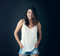 Woman, studio and smile for summer or fashion on dark background for fun, confidence and trends....