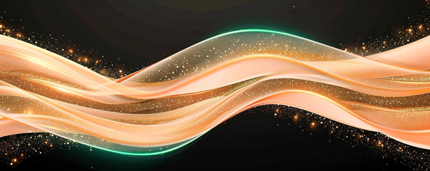 Depict an abstract wave line in peach with a golden glitter effect on a black background. Utilize flat, emerald colors and simple shapes with smooth edges and corners, resembling a sleek logo design.