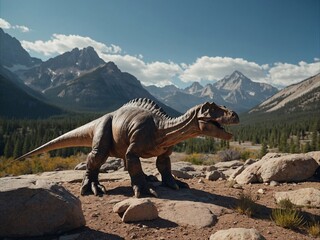 Rocky Mountain Scene with Dinosaur Model