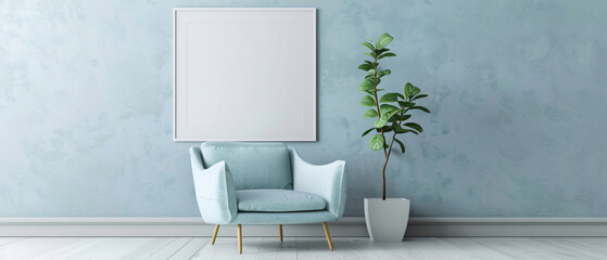 Relax in style with a luxurious sky blue single sofa chr, pred with a charming little plant, and a blank empty white frame on a serene, unembellished wall.
