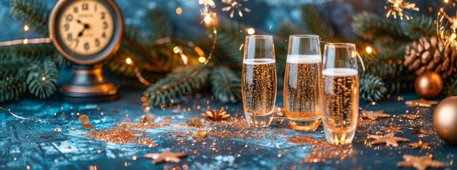 Festive New Year's Eve celebration with champagne glasses, clock, and fairy lights