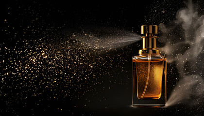 spraying luxury perfume on black background