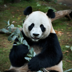 Fototapeta premium Giant Panda Eating Eucalyptus Leaves in Natural Habitat