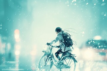 Fototapeta premium Digital illustration of a young woman with a ponytail riding a bicycle under snow. She is wearing a backpack and looking forward with determination.