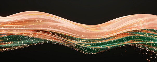 Depict an abstract wave line in peach with a golden glitter effect on a black background. Utilize flat, emerald colors and simple shapes with smooth edges and corners, resembling a sleek logo design.