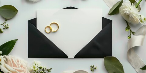 A pair of gold wedding rings placed on top of an envelope, often used as a symbol of love and commitment