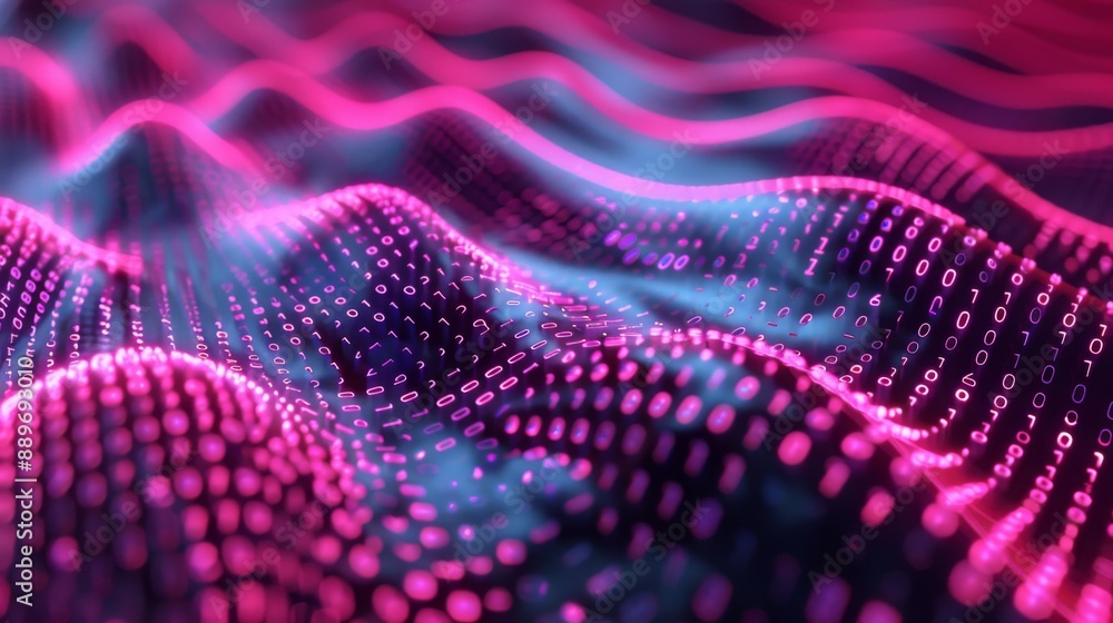 Poster Pink and blue digital waves flow across a black background, forming an abstract pattern of binary code.
