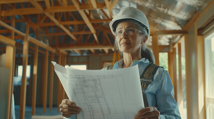 Woman architect or engineer on a construction site working with hard hat on her head and a blueprint in her hands