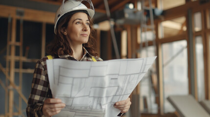 Woman architect or engineer on a construction site working with hard hat on her head and a blueprint in her hands