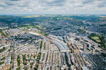 Amazing place to travel in UK, seaside town, Brighton, Sussex. Aerial panoramic view