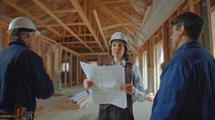 Woman architect or engineer on a construction site working with hard hat on her head and a blueprint in her hands
