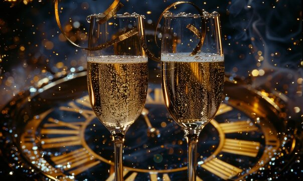 Champagne glasses toasting at New Year's Eve celebration with clock striking midnight