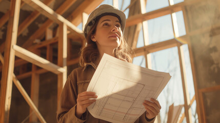 Woman architect or engineer on a construction site working with hard hat on her head and a blueprint in her hands