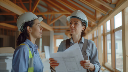 Woman architect or engineer on a construction site working with hard hat on her head and a blueprint in her hands