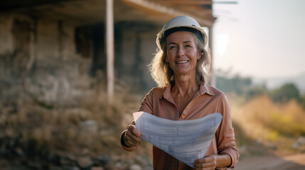 Woman architect or engineer on a construction site working with hard hat on her head and a blueprint in her hands