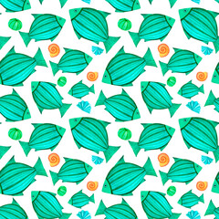 Blue and green sea fish and shells Marine underwater seamless pattern watercolor art in ocean kids style for decorating children room, package, scrapbook, school, nursery, invitation, print, postcard