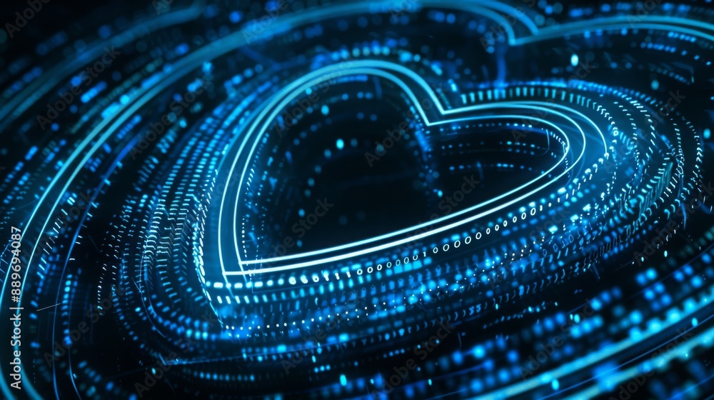 Poster A blue, digital heart shape with binary code surrounding it. The heart is formed with lines of light against a dark background.