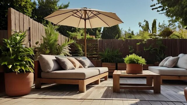 Outdoor Patio with Wooden Furniture, Plants, and Umbrella