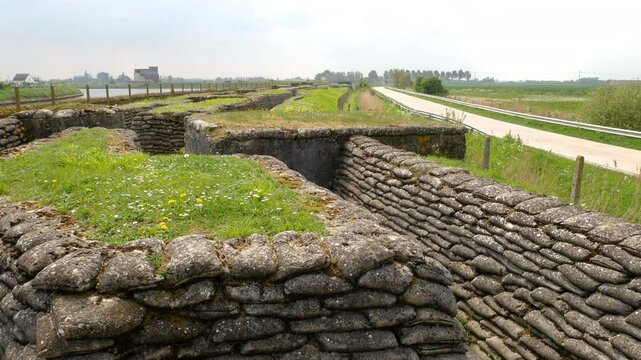 Restored trenches of World War One in Belgium : the Dodengang, or Trench of Death,  Memorial  site on the frontline of the 1914 battle of the Yser River