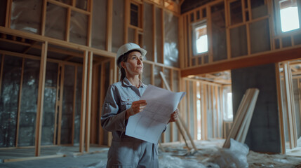 Woman architect or engineer on a construction site working with hard hat on her head and a blueprint in her hands