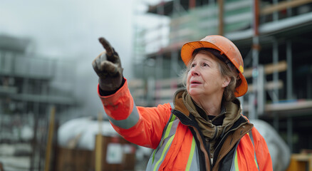 Woman architect or engineer on a construction site working with hard hat on her head and a blueprint in her hands