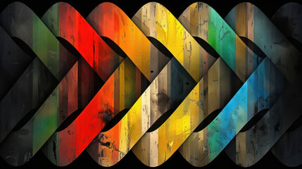 A digital art piece featuring an array of colorful wooden slats arranged in the shape of arrows, creating intricate patterns on a black background