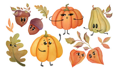 funny happy emoticons in form of cute pumpkins, autumn branches and leaves, acorns, winter cherries with faces collection. watercolor emoji set. Smiling vegetables characters