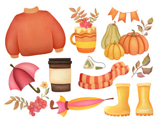 watercolor autumn set with pumpkins, kettle, desserts, warming drinks, warm cozy clothes, accessories. hand drawn fall illustrations collection isolated on transparent background