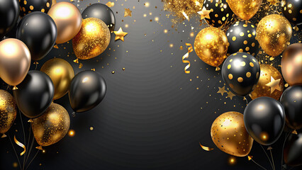 Vibrant gold and black balloons, confetti, and glittering decorations adorn a dark background, perfect for celebrating new beginnings, sales, birthdays, graduations, and grand openings.
