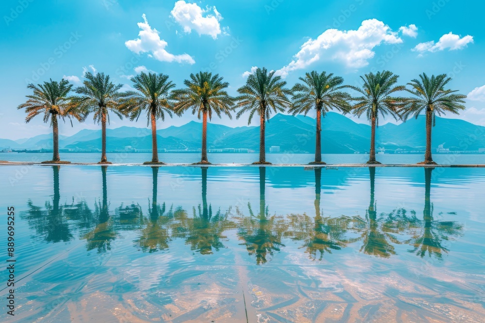 Poster row of palm trees reflected in a calm pool with mountains in the background capturing a serene tropi