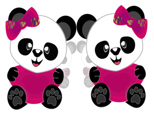 Two cute baby pandas smiling and holding big pink hearts. Beautiful bow on toy head.
