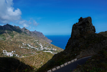 Risco Amogoje Taganana Tenerife Spain View from the top of Playa de Benijo to the Atlantic Ocean and mountains with sharp ridges