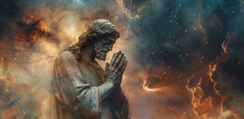 A Stone Figure Praying Before A Cosmic Nebula