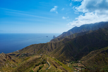 Risco Amogoje Taganana Tenerife Spain View from the top of Playa de Benijo to the Atlantic Ocean and mountains with sharp ridges