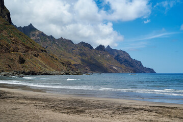 Roque de Las Bodegas beach Risco Amogoje Taganana Tenerife Spain Atlantic Ocean and mountains with sharp ridges