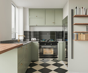 Modern Contemporary kitchen room 3d render.