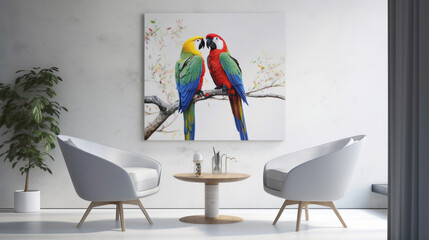 Picture a serene Scandinavian scene with two chrs, a central table, and an empty canvas agnst a backdrop of pure white. 