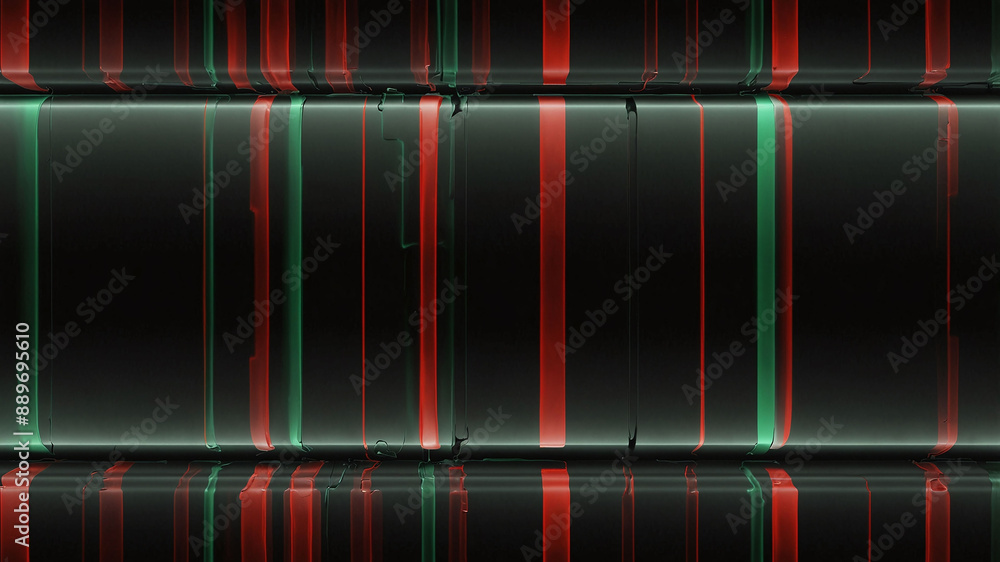 Poster abstract pattern of red and green vertical lines resembling batteries on dark background