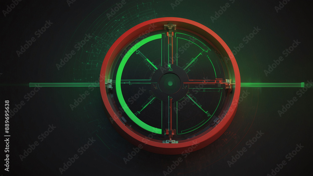 Poster futuristic top view of circular device with red and green lighting on dark background