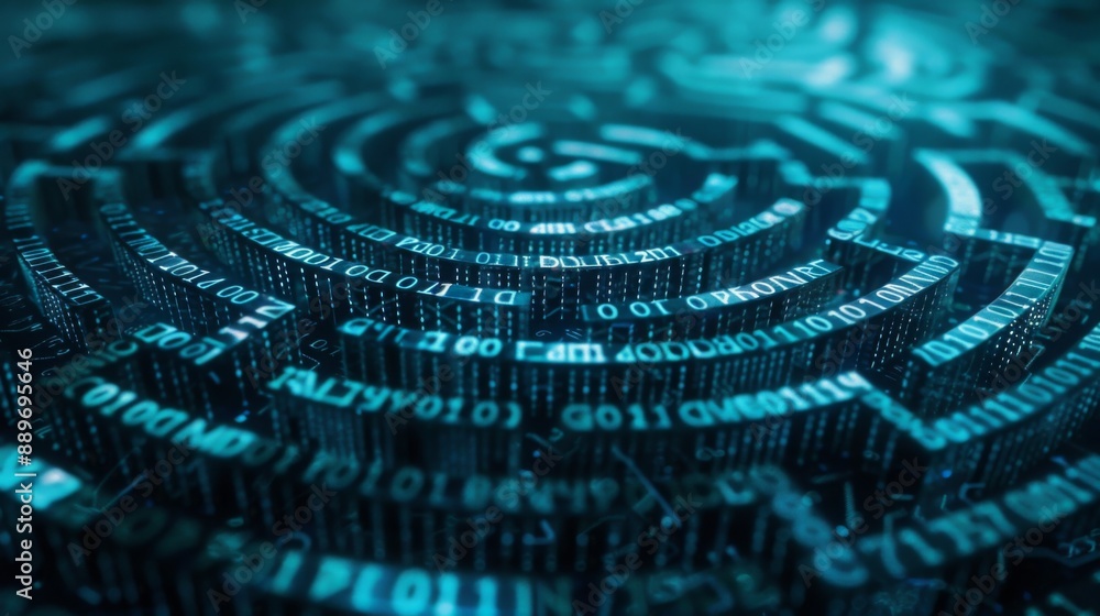 Poster A close-up of a digital maze composed of glowing binary code. The maze is constructed from a series of concentric circles with the code illuminated in a blue hue.