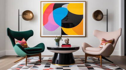 Step into a room featuring a vibrant illustration within a blank white frame, accented by a fusion of vivid color splashes.