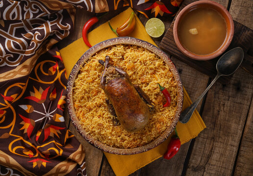 Arabic Cuisine; Egyptian traditional stuffed pigeon or "Hamam Mahshi" dish, Egyptian food.