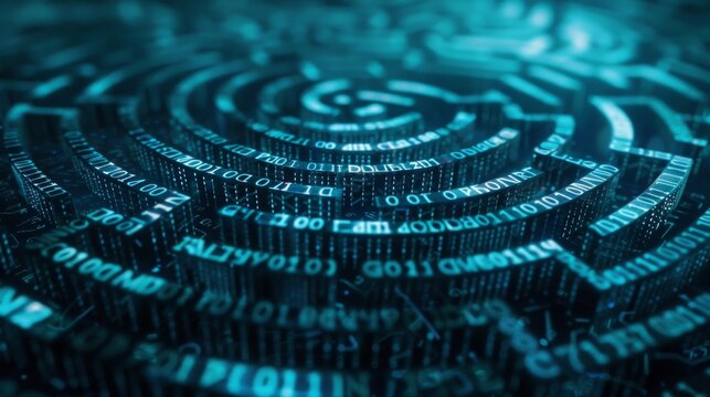 A close-up of a digital maze composed of glowing binary code. The maze is constructed from a series of concentric circles with the code illuminated in a blue hue.