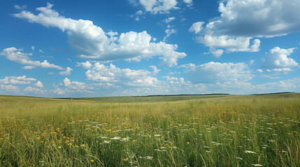 Nature landscape with grass and blue sky with clouds