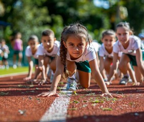 Group of children participating in a school sports event on an outdoor track