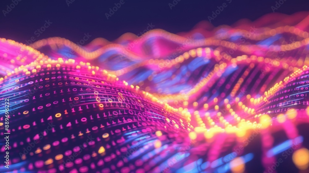 Aufkleber A vibrant digital landscape with binary code flowing through the surface, illuminated with colorful lights.