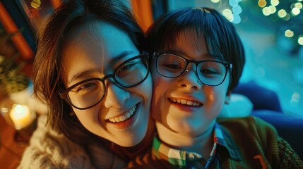 Obraz premium A mother and son share a joyful moment in front of the camera