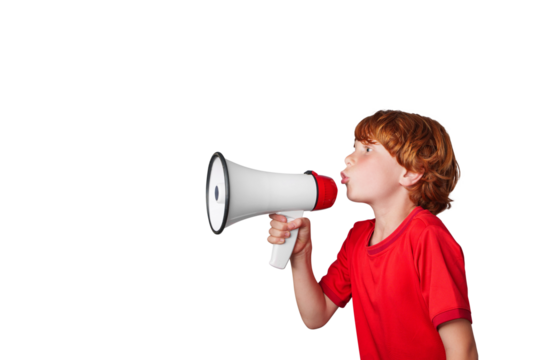 A child with a megaphone. Promotion, action, ad, job questions, discussion with isolated PNG area. Back to school concept, communication, information, news, team media relations. - Powered by Adobe